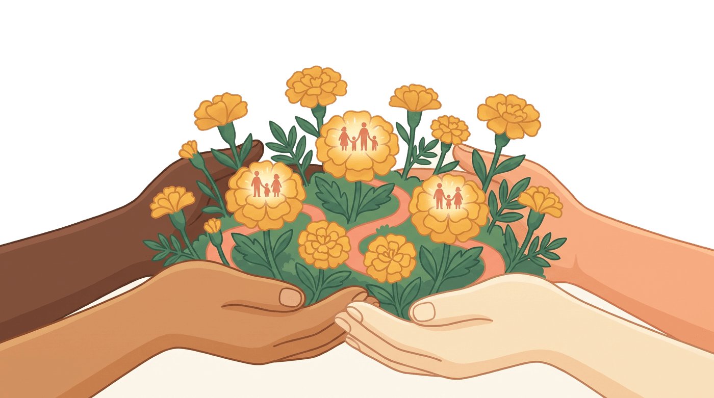 Diverse hands cupping a garden of marigolds, each bloom a family