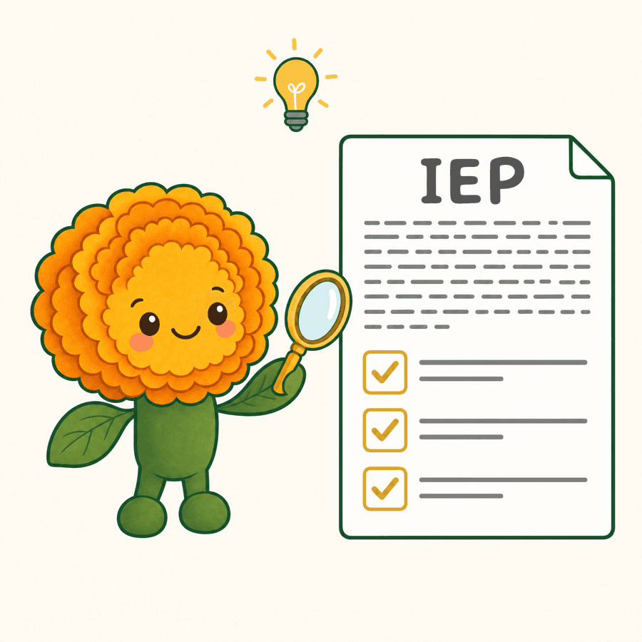 Mari, the friendly Marigold mascot, reading an IEP document with a magnifying glass as confusing text becomes clear checked items