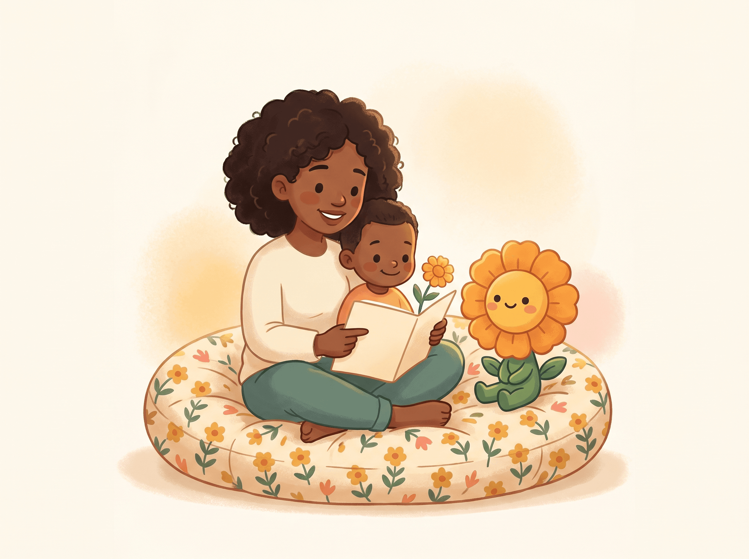 A parent and child reading together with Mari beside them